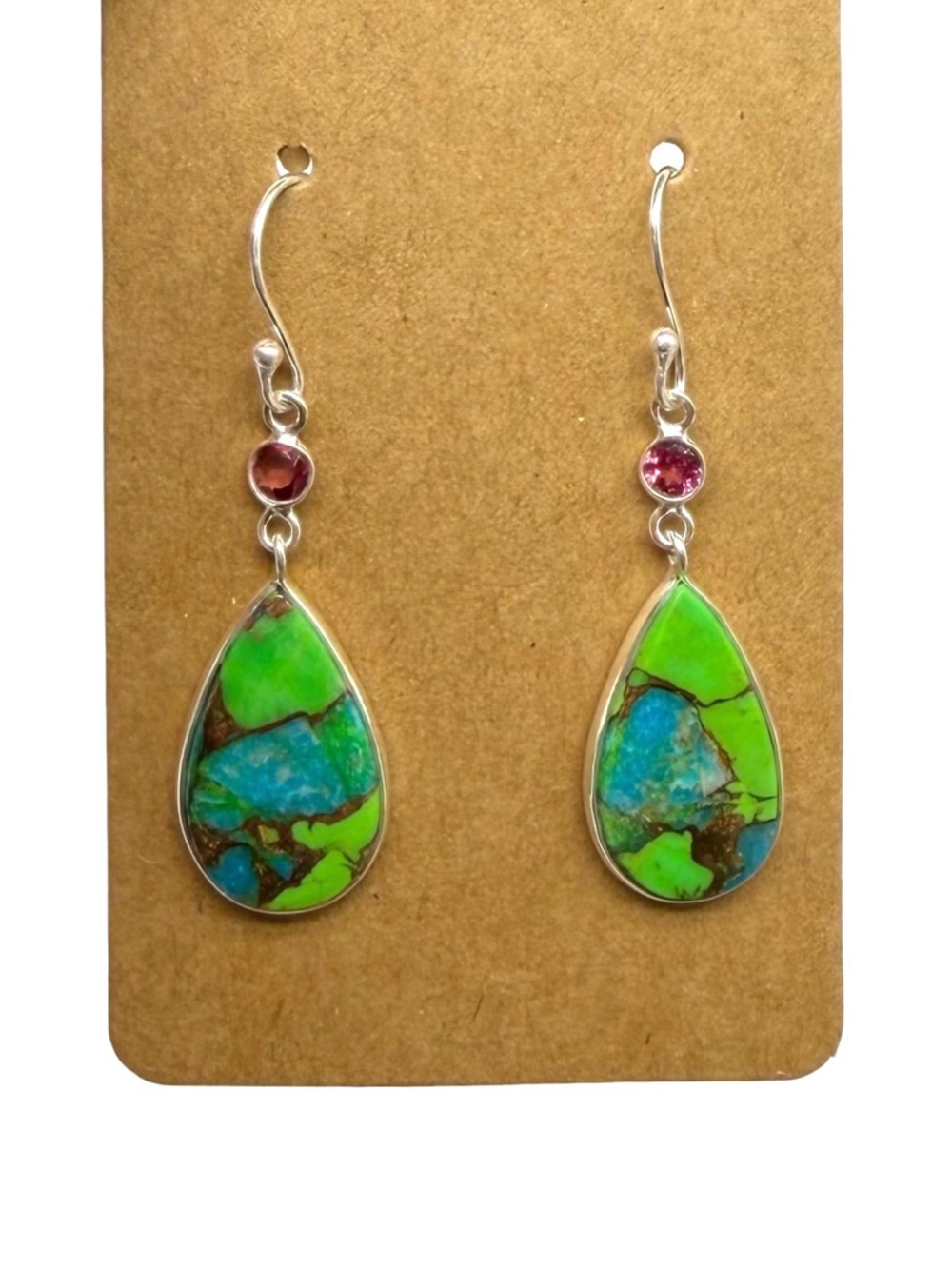 Kingman Green Turquoise Garnet Earrings Solid 925 Sterling Silver Dangle Drop